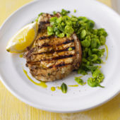 Marinated pork chops with smashed broad beans