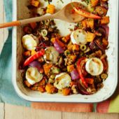 Roasted veg with lentils & goats' cheese