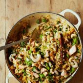 Salmon, prawn and broad bean pilaf