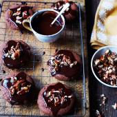 Decadent chocolate cookies with chocolate ganache and candied pecans