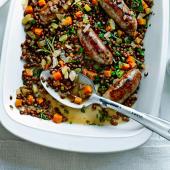 Baked sausages with lentils