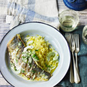 Grilled sea bass with cucumber and basil sauce and saffron pilaf