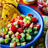 Turmeric socca with cucumber, pepper and tahini salad