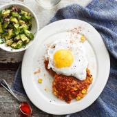 Sweet potato rostis with fried eggs and avocado salsa