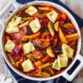 Melting Brie and ratatouille pasta gratin