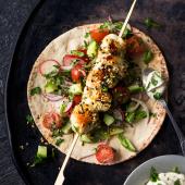 Barbecued lemon, garlic and thyme chicken kebabs