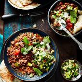 Quick-cook ancho con-carne with cucumber salsa