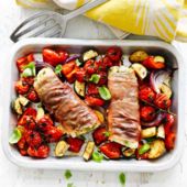 Parma ham-wrapped cod and Mediterranean vegetables