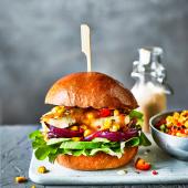 Peri peri halloumi burger with sweetcorn salsa