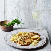 Dill mustard trout with smashed potatoes 