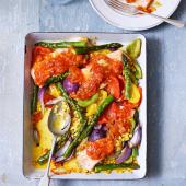 Salsa salmon and summer veg traybake