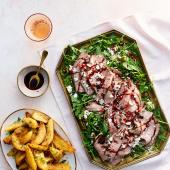 Pomegranate beef with spiced wedges