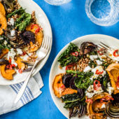 Tray-baked squash, beetroot and giant couscous with goats' cheese