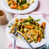 Lemony chicken with roast veg and olives