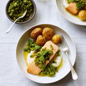 Roast salmon with zesty peas and mint