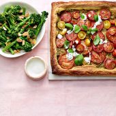 Tomato tapenade tart with broccoli salad