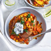 Chickpea masala stuffed sweet potatoes