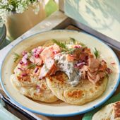Pikelets with smoked trout and a horseradish caper crème fraïche