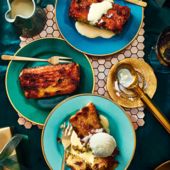 Panettone bread and butter pudding with orange and bay custard