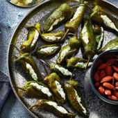 Creamy chive and onion-filled Padrón peppers