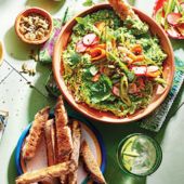 Pea and pickled veg dip with sourdough soldiers