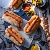 Halloween hot dogs with smoky tomato sauce