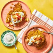 Sweet potato latkes with honey butter apples and soured cream