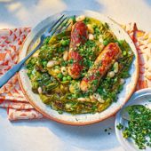 Speedy spring greens and sausage cassoulet