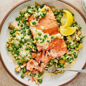 Seared salmon with creamy citrus peas