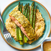Dijon baked salmon with butter bean mash