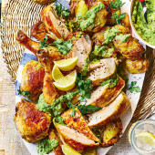 Spatchcock chicken with green romesco and chicken-fat potatoes