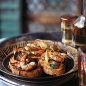 Oyster mushrooms and prawns on toast with fino sherry