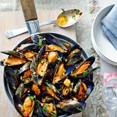 Mussels with chorizo, almonds and parsley