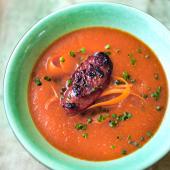 Spring carrot and chorizo soup