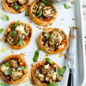 Caramelised onion, aubergine and feta tarts
