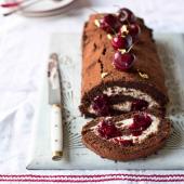 Chocolate roulade with chestnut and morello cherry cream 