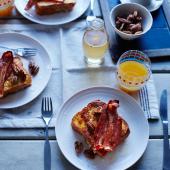 Banana and pecan French toast with bacon and vanilla syrup 