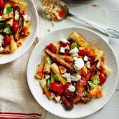 Rigatoni with aubergine, tomato, feta and basil sauce