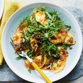 Puttanesca pasta with rocket