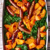 Sausage, butternut and kale traybake