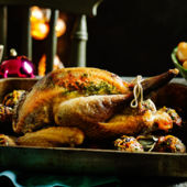 Roast guinea fowl with prune and bacon stuffing