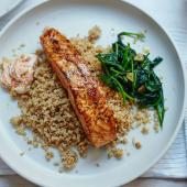 Moroccan salmon with cauliflower  ‘couscous’ and garlic spinach
