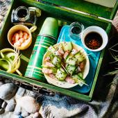 Prawns in cucumber ‘noodles’ with a Japanese dipping sauce