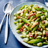 Smoky broad beans and runner beans with bacon