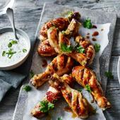Spiced marmalade chicken drumsticks with blue cheese sauce