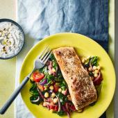 Harissa salmon with warm chickpea salad
