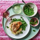 Pork steaks with leek champ and minty peas