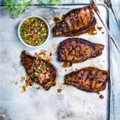 Sweet soy pork steaks with peanut dipping sauce