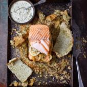 Salt-baked salmon with watercress sauce