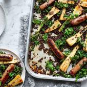 Sticky sausage and parsnip traybake